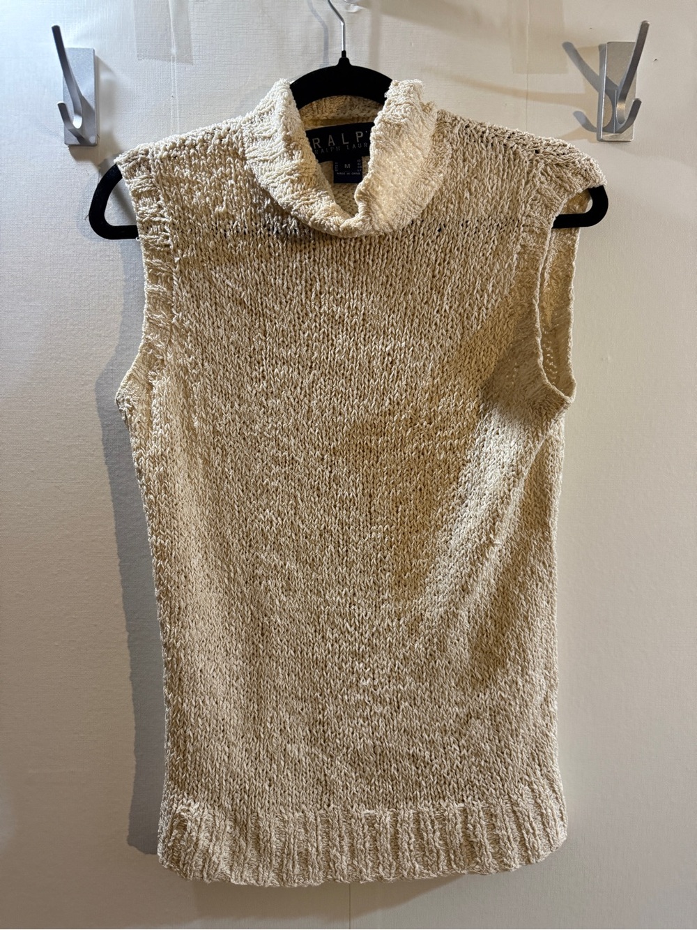 Ralph Lauren 100% Silk Sleeveless Knit Turtleneck Sweater Vest Cream M